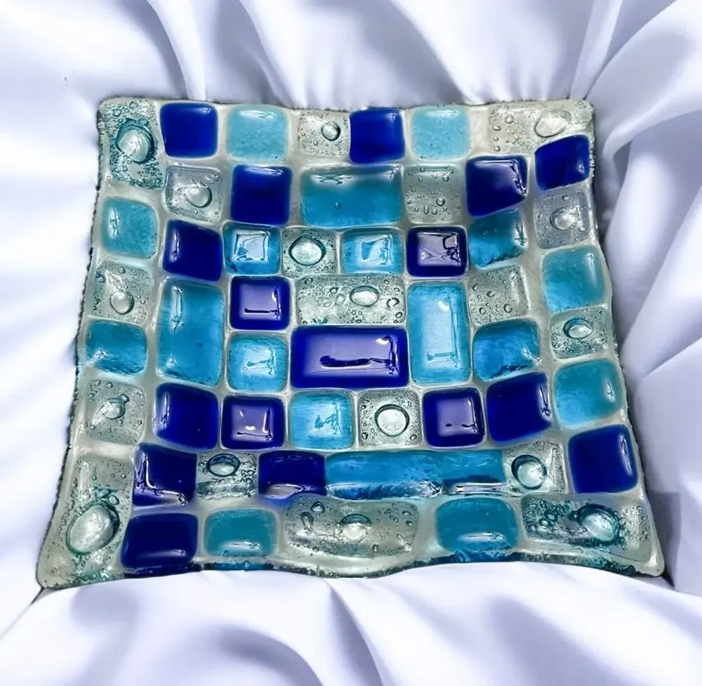Vintage Turquoise, Cobalt Blue & Clear Fused Glass Mosaic 4 1/2